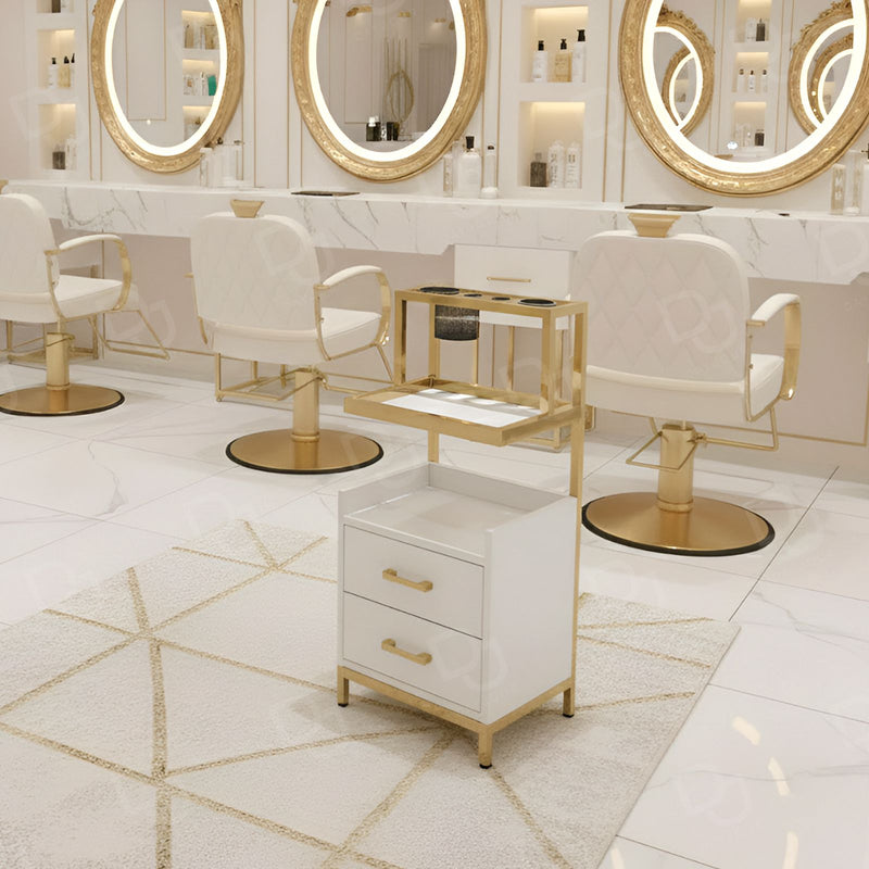 Salon Hair Beauty Trolley Station White Golden - وحدة صالون تجميل بلون ذهبي وكريمي مع مرايا ومساحات لتخزين أدوات الشعر - Salon trolley - Dayjour - UAE