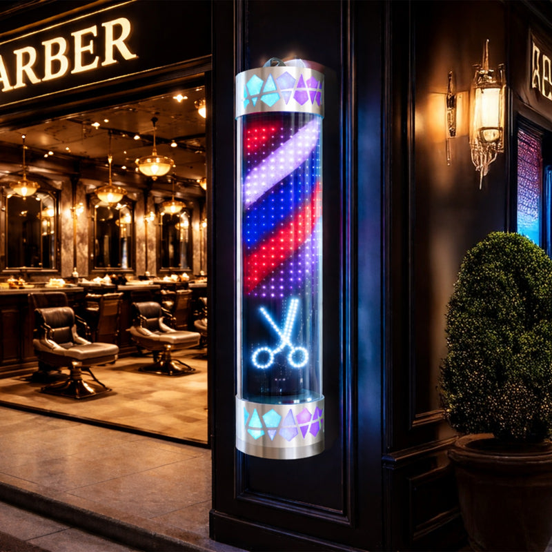 90cm Classic Barber Pole Light – Waterproof Outdoor Rotating Barber Shop Sign with Silver Base