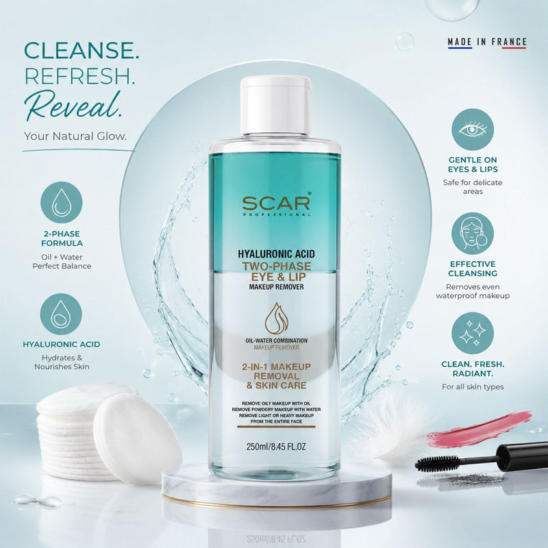 Scar Professional Hyaluronic Acid Two Phase Eye and Lip Waterproof Makeup Remover with Aloe Vera - Best Makeup Remover UAE - Waterproof Makeup Remover - Eye Makeup Remover - Lip Makeup Remover - Hyaluronic Acid Cleanser - Aloe Vera Makeup Remover - Gentle Makeup Remover - Facial Cleansing Solution UAE