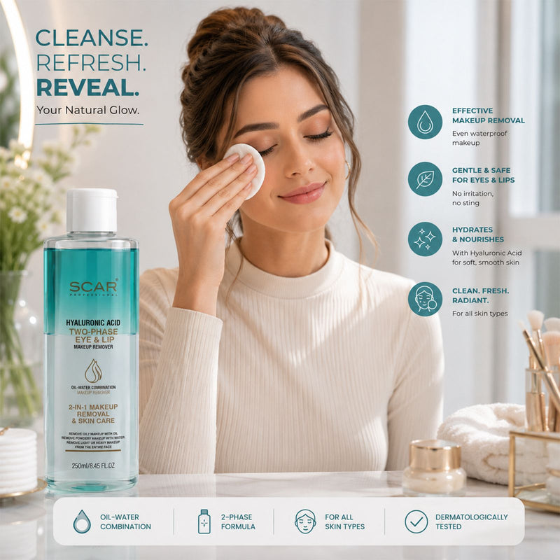Scar Professional Hyaluronic Acid Two Phase Eye and Lip Waterproof Makeup Remover with Aloe Vera - Best Makeup Remover UAE - Waterproof Makeup Remover - Eye Makeup Remover - Lip Makeup Remover - Hyaluronic Acid Cleanser - Aloe Vera Makeup Remover - Gentle Makeup Remover - Facial Cleansing Solution UAE