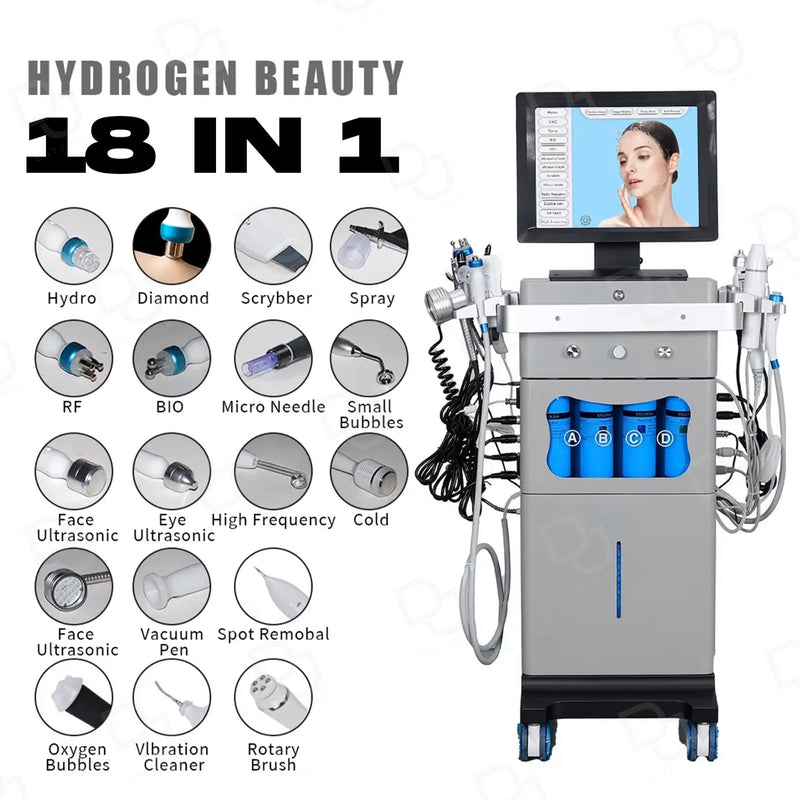 Professional 18-in-1 Hydrogen Facial Machine for salons and spas, offering Micro-Needle, RF, Ultrasonic, Oxygen, Diamond, and multi-skin treatments - Dayjour - Hydra facial machine in UAE - Skin treatment